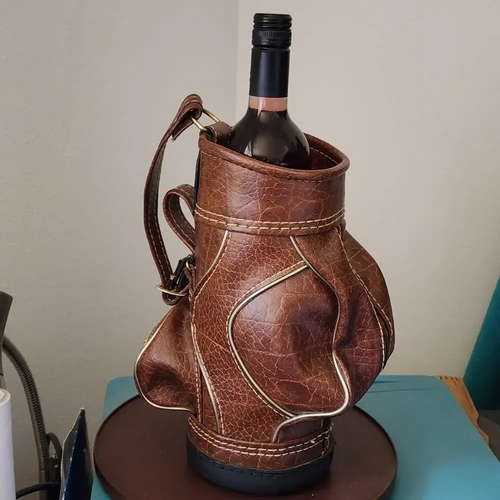 Bottle Holder Miniature Golf Bag With 2 Zipper Pockets Faux Leather ROC Vintage